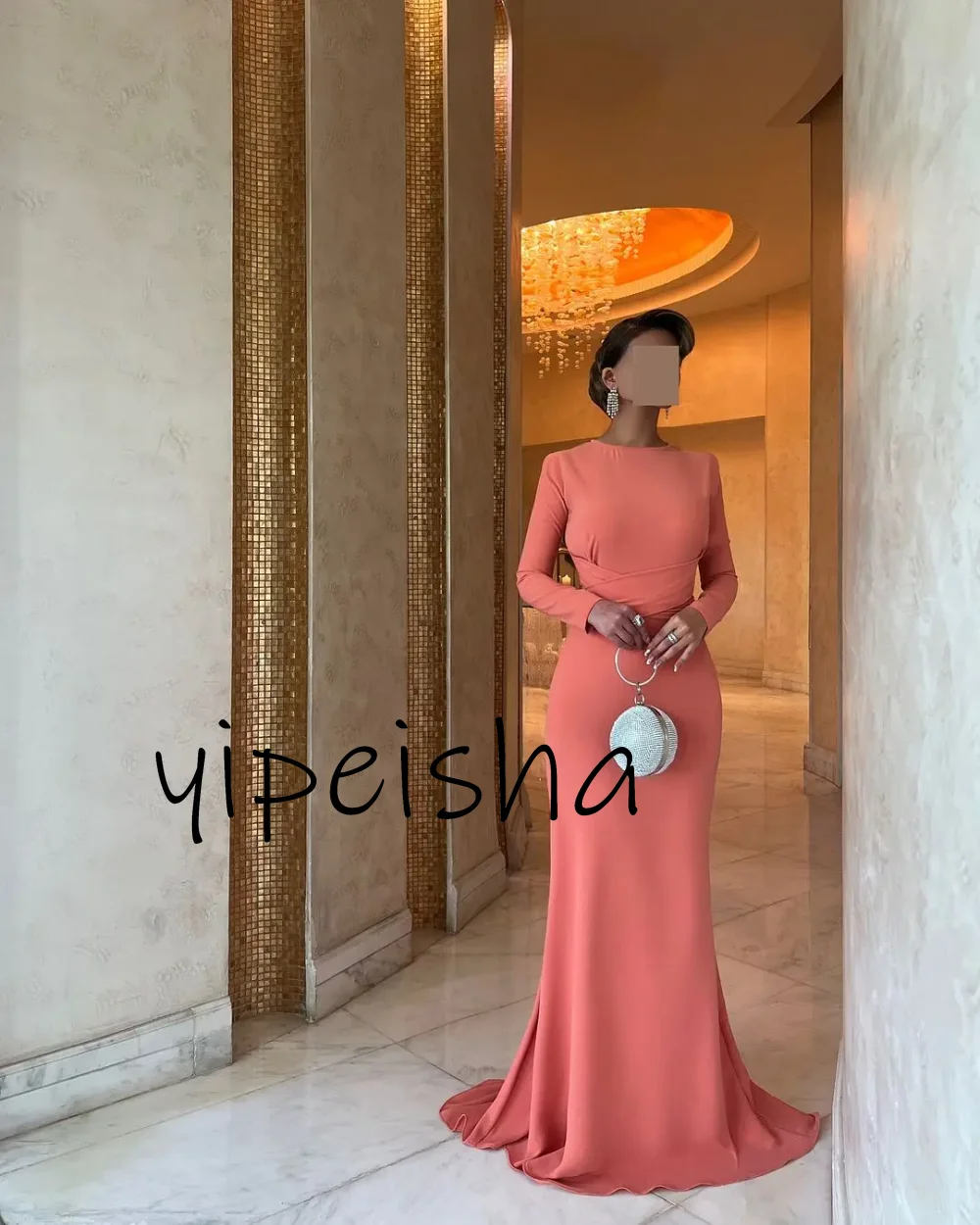 Yipeisha Simple Fashion Mermaid Evening Dresses Crew neckline Pleat Prom Dress Off Shoulder Satin Formal Occasion Party Gowns