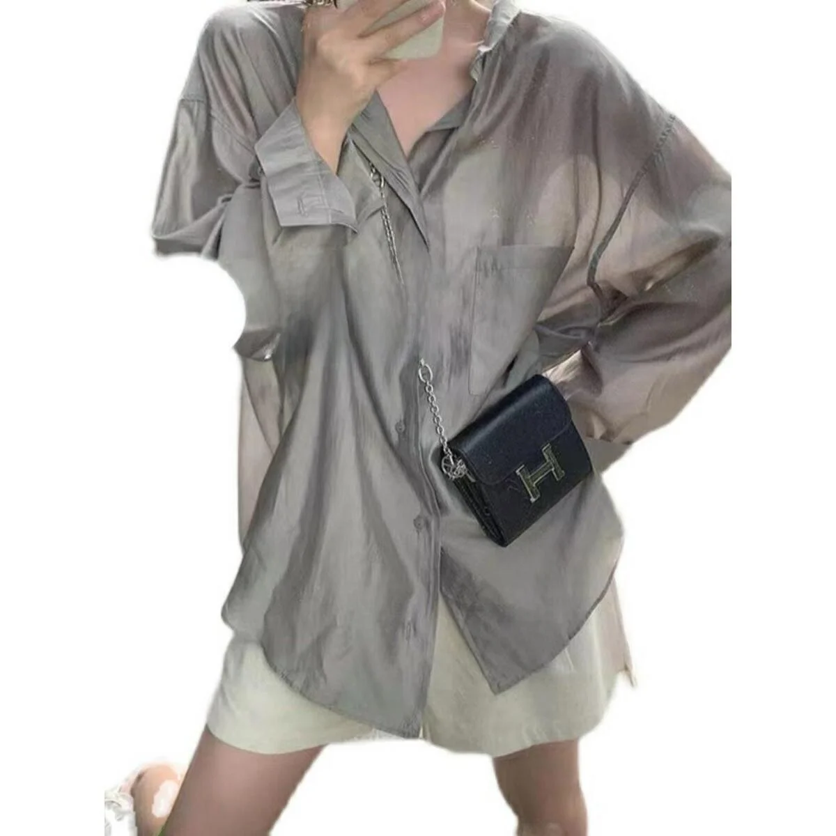 Sun Protection Ice Silk Women's Shirt Thin Veil Style Button Design Commute Style Long Sleeve  Collar Regular Fit Pure Color