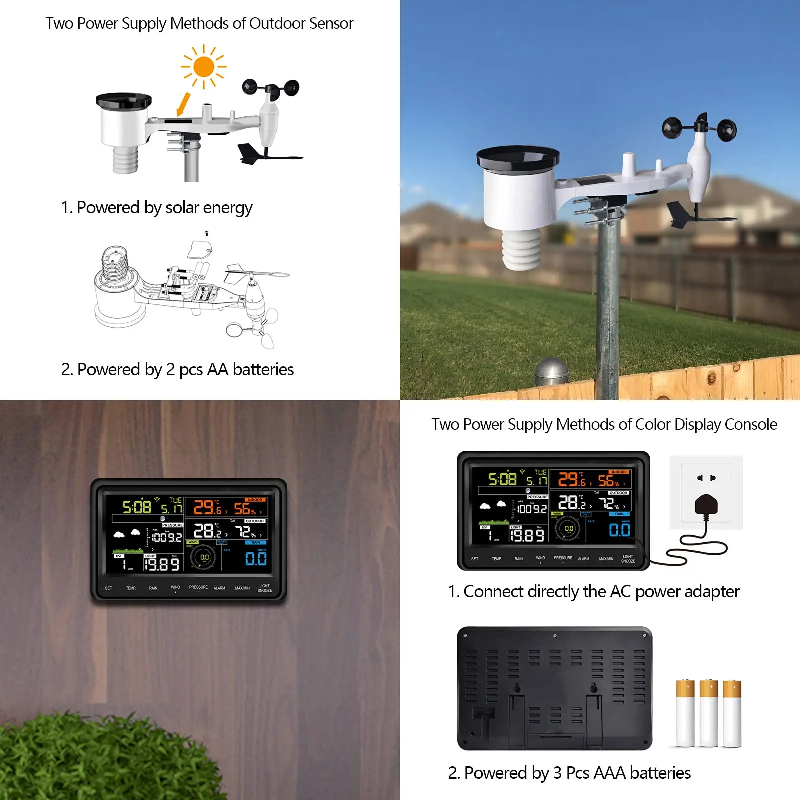 Station météo Wi-Fi Ecowitt WS2910, comprend un capteur météo extérieur sans fil 7 en 1 à énergie solaire et une console d'affichage couleur