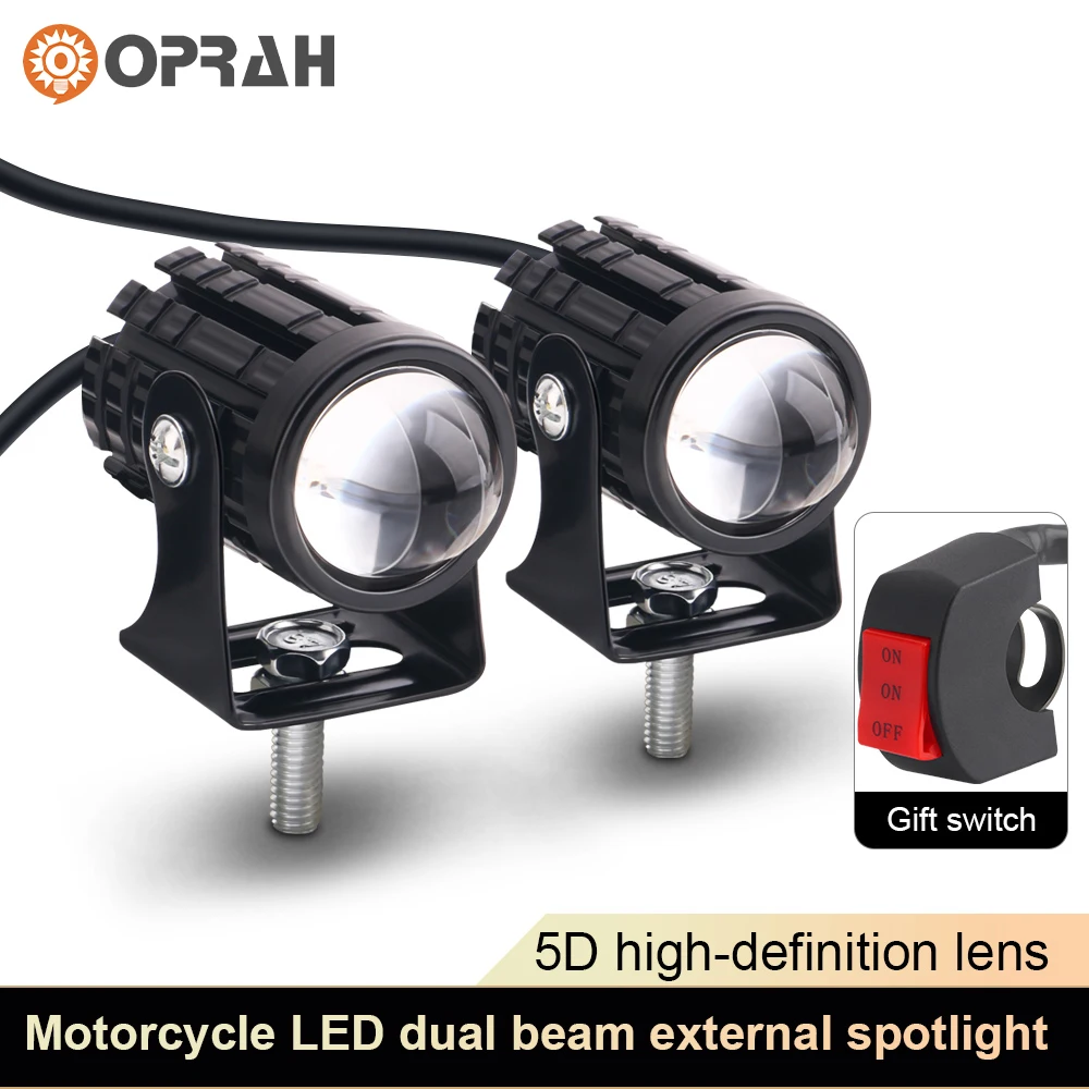 2pcs Universal Motorcycle LED Headlight Projector Lens Dual Color ATV Scooter Driving Fog Light Auxiliary Spotlight Lamp 12V 24V