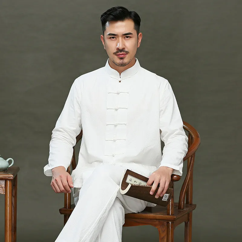 

Мужской костюм Тан на весну-осень – льняной хлопковый комплект из двух предметов с длинными рукавами, в китайском ретро-стиле с пуговицами-лягушками, традиционная одежда