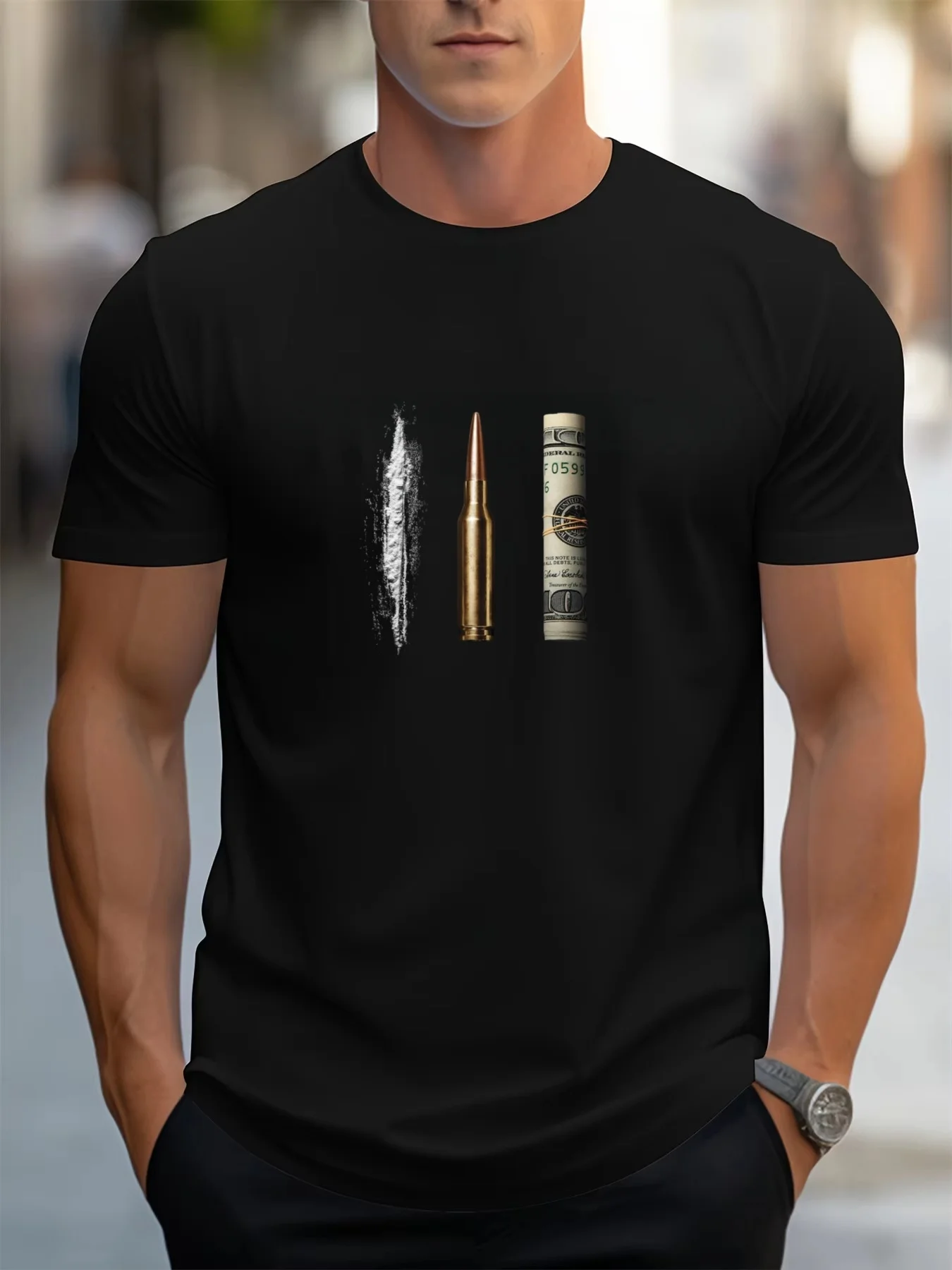 Bullet banknotes Printed Summer Cotton Men's Round Neck Cotton Oversize T-shirt autumn and winter Outdoor commuting inner shirt