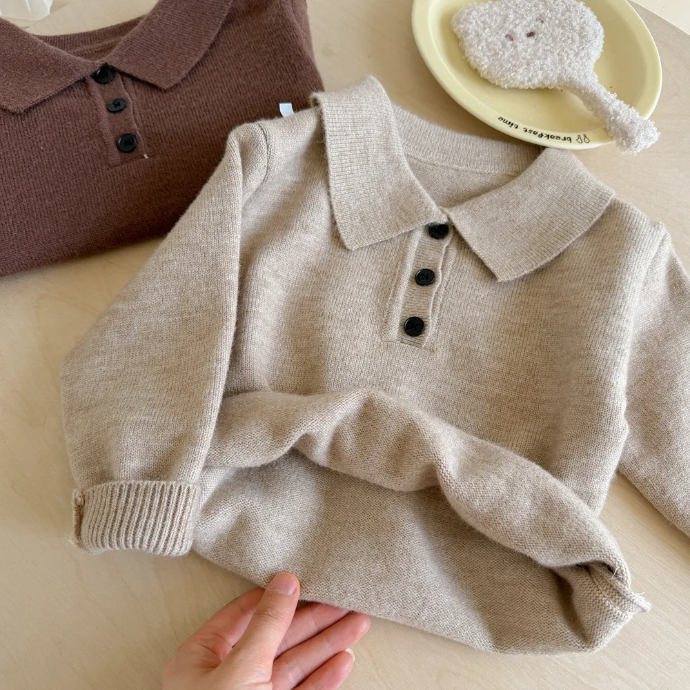 Vintage Autumn 1-6Yrs Kids Boys Sweater UNITIM Solid Turn Down Collar Baby Boys Polo Knitwear Soft Children Boys Knit Pullovers