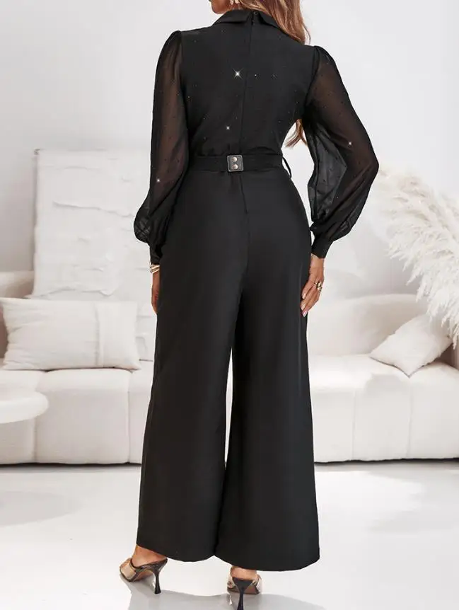 Jumpsuit Women 2025 Spring New Fashion Plunge Rhinestone Chiffon Patchwork Long Sleeve Casual Zipper High Waist Jumpsuit