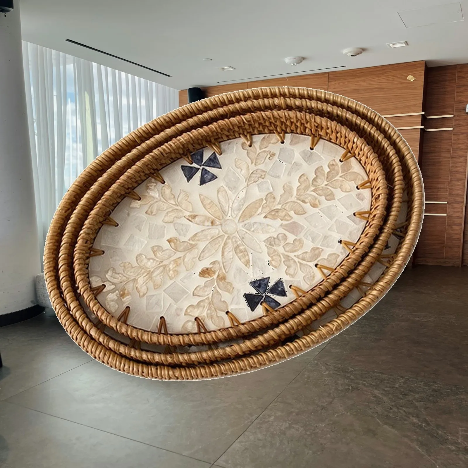 Handmade Rattan Decorative Tray with Shell Accent for Coffee Table Refreshments and Countertop Use