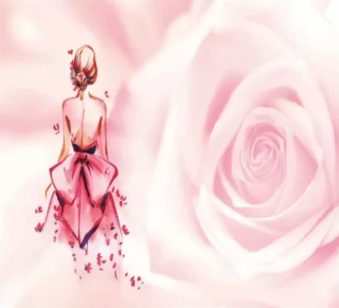 

Custom mural pink Ballerina girl background wall decoration painting Rose flower wedding dress hanging painting 3d wallpaper