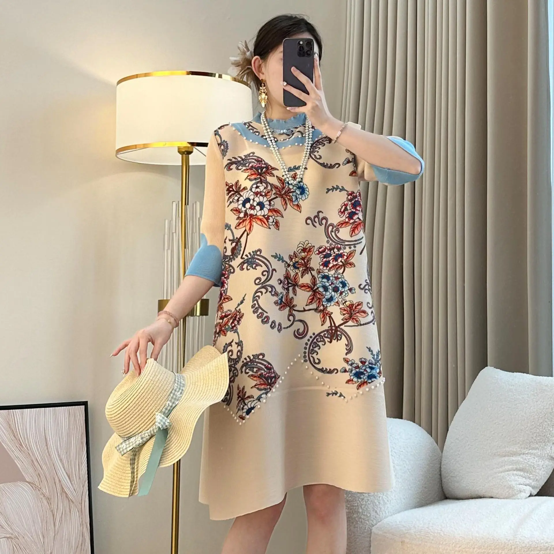 Miyake Pleated New Chinese Dress for Women 2025 New Fashion Printed Bead Round Neck Mid-sleeved Large Size Elegant Pleated Skirt