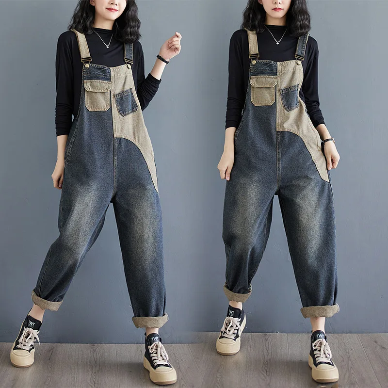 Women Color Block Patchwork Denim Overalls Vintage Washed Loose Wide Leg Jumpsuit Multi Pocket Casual Bib Pants