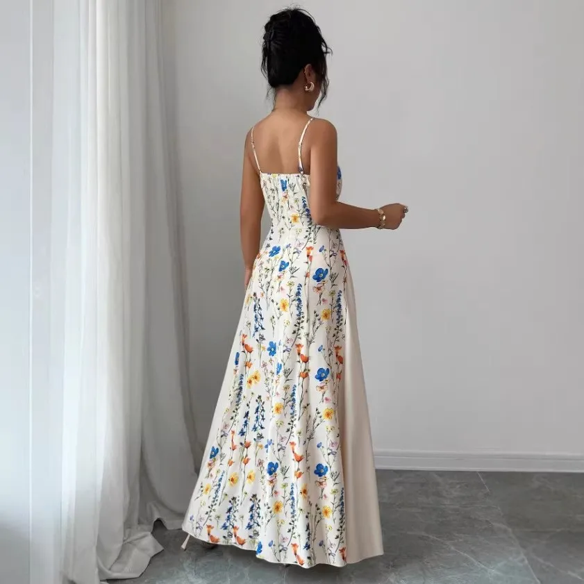 Wedding Guest Dress Elegant Party Prom Dresses Floral Print Spaghetti Strap Maxi Dress A Line Side Slit Long Evening Gown