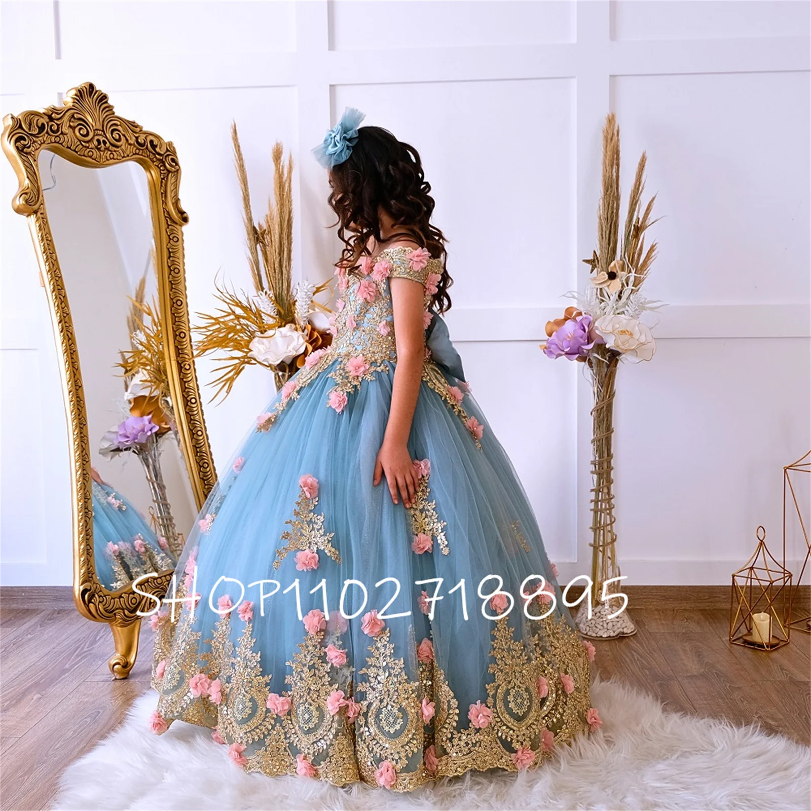 

Elegant Blue Sweet Quinceanera Dress For Baby Girls Floral Appliques Off Shoulder Junior Ball Gown Toddler Kids Party Dresses