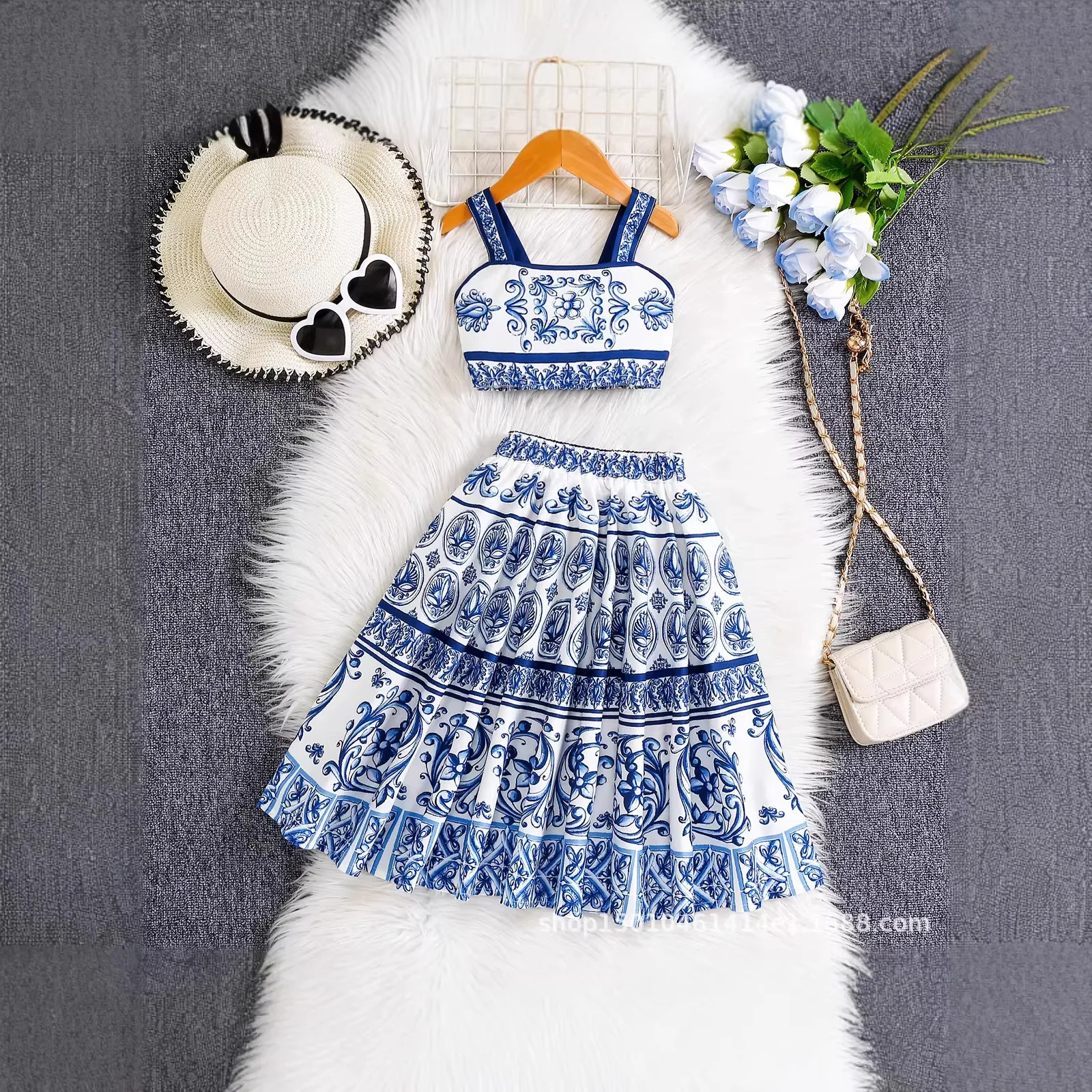 Girls' summer suit European and American blue and white porcelain ethnic style sling vest half-length skirt two-piece set
