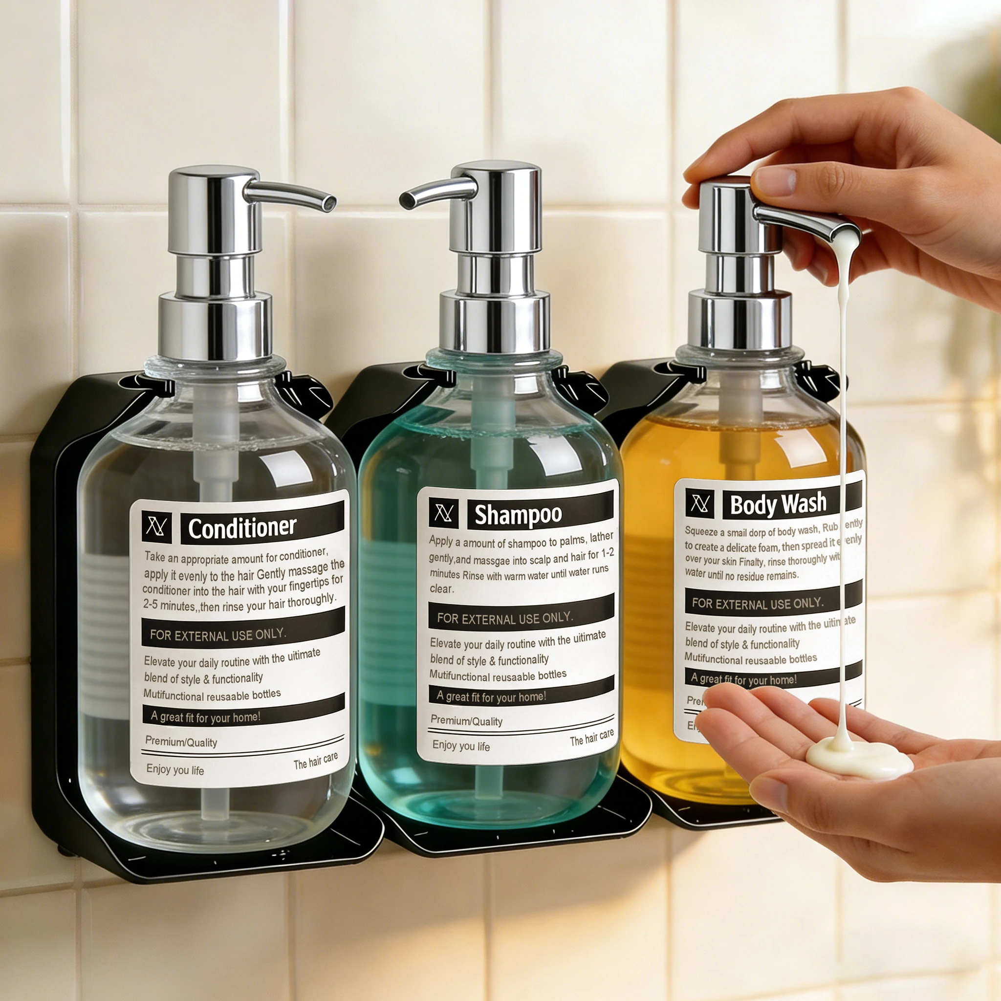 Wandmontierter Shampoo- und Conditioner-Spender für Bad/Ankleidezimmer, Nachfüllbare Duschflaschen mit Wasserfesten Etiketten & Silberner Pumpe