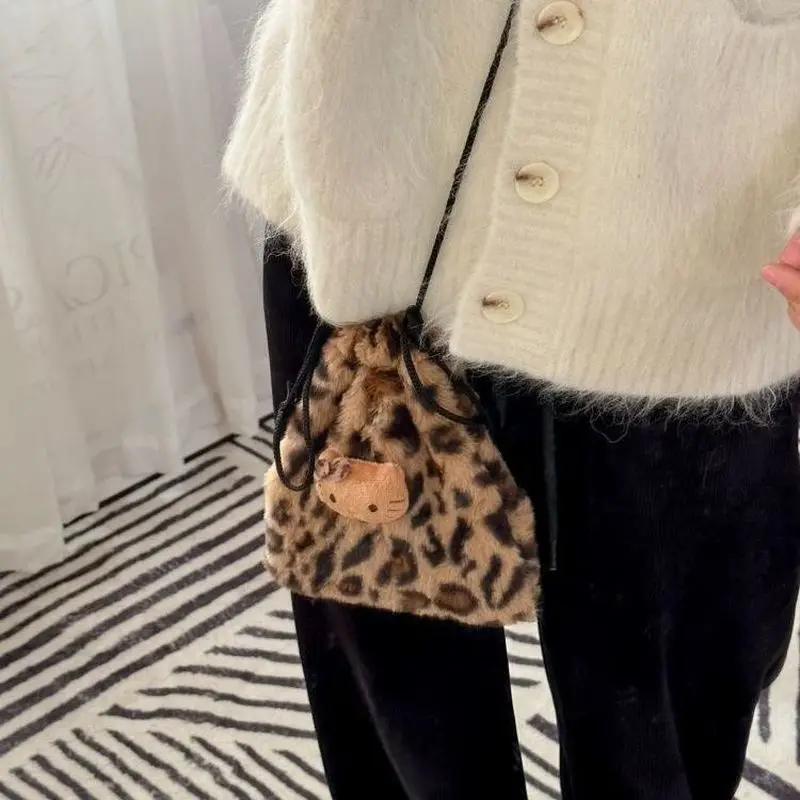 Leopard print HelloKitty storage bag y2k cute Kitty autumn and winter plush phone coin wallet shrink bag crossbody bag