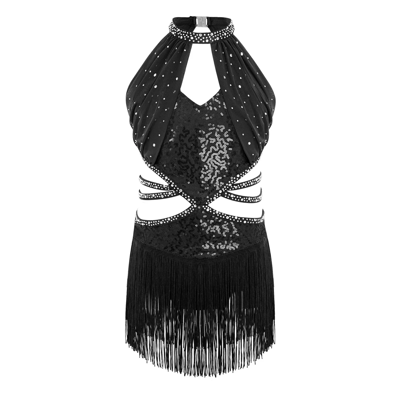 Girls Samba Salsa Jazz Tango Dancewear Kids Latin Dance Dress Sleeveless Mesh Overlay Cutout Tassel Sequin Cha-cha Leotard Dress - view 4