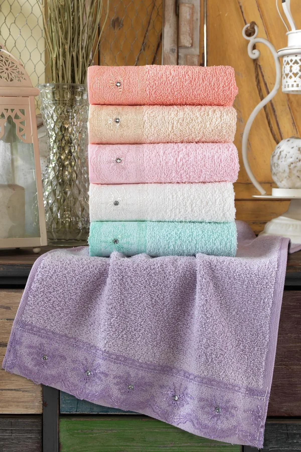 Premium Lacy Laced 6 Pieces Towel Set 100% cotton crown hotel towel home set embroidered luxury crown bath towels absorbent 2021