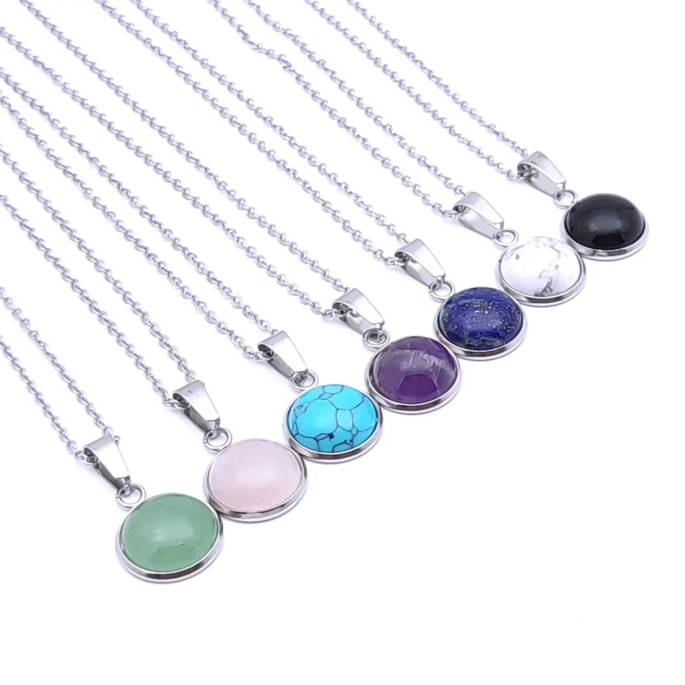 12MM Stone Pendant Necklace Natural Dyed Synthetic Stainless Steel Stud Earrings Chain Opal Blue Pink Crystal for Women Men