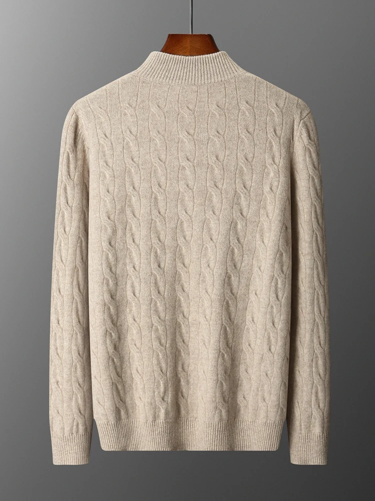 Autumn Winter Men 100% Pure Wool Sweater Mock Neck Half Zip Pullover Long Sleeve Business Casual Knit Top