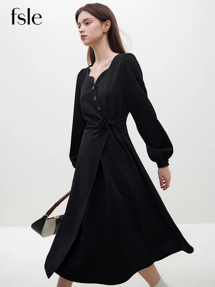 

FSLE French Art Irregular Design Dress 2023 Winter New V-neck Dress Black High Waist Full Sleeve Women Dress Casual Loose