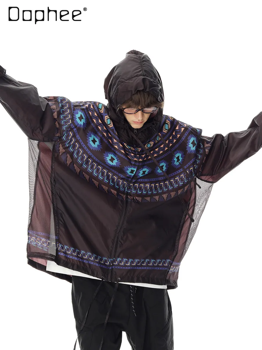 Summer Men Black Ethnic Geometric Print Hooded Jacket Lightweight Mesh Dark Wine Red Spliced Oversized Sunscreen Clothing