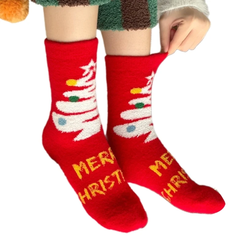 Holiday Themed Coral Fleece Floor Socks Women Men Funny Christmas Cartoon Pattern Fuzzy Slipper Socks Winter Warm Indoor Hosiery