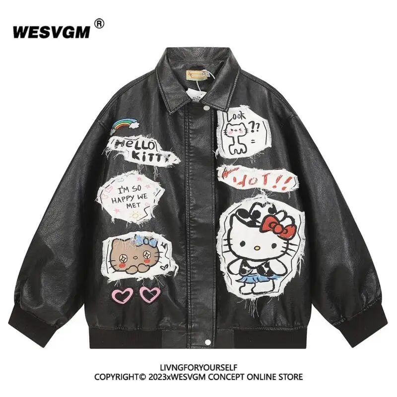

American Retro Cartoon Hello Kittys Embroidery Leather Jacket for Women Autumn Winter Couple Loose Casual Tops Coat Streetwear