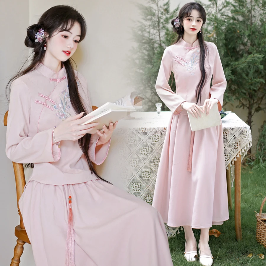 New Chinese Style Handmade Embroidered Fake Two-Piece  Top Women's Long Skirt Zen Clothing Tea Ceremony Costume