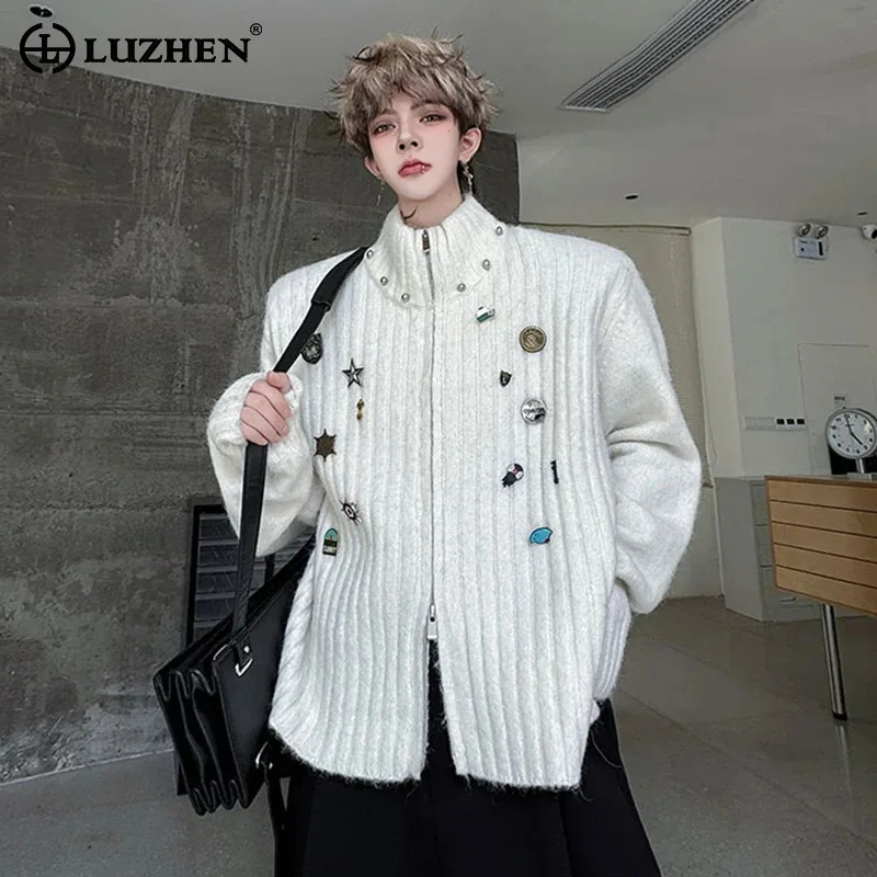 

LUZHEN оригинальный модный узор в стиле пэчворк с двойной молнией красивый мужской вязаный кардиган 2025 новый высококачественный мужской свитер JY4875