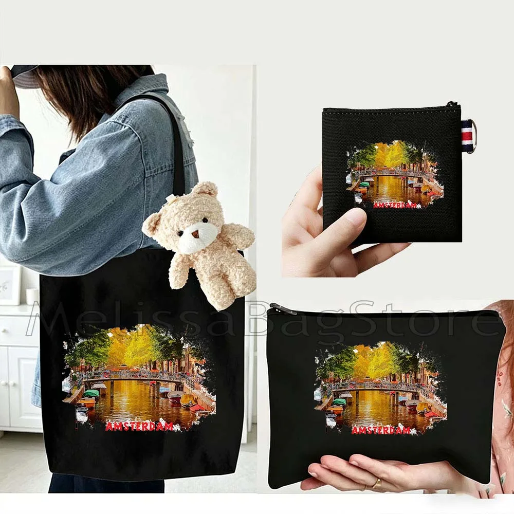 4PCS Gift Set Amsterdam Netherlands Black Canvas Tote Bag Handbag with Doll Key Coin Purse Cosmetic Makeup Toilet Bag Case Pouch