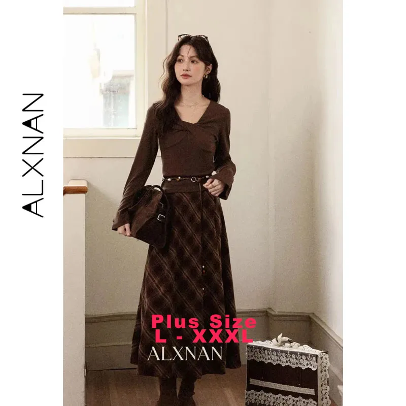 

ALXNAN Plus Size Women Brown T-shirts Autumn Regular Shoulder V-neck Twisted Cuffs Pearl Pullovers Casual Tees Female D12535-1