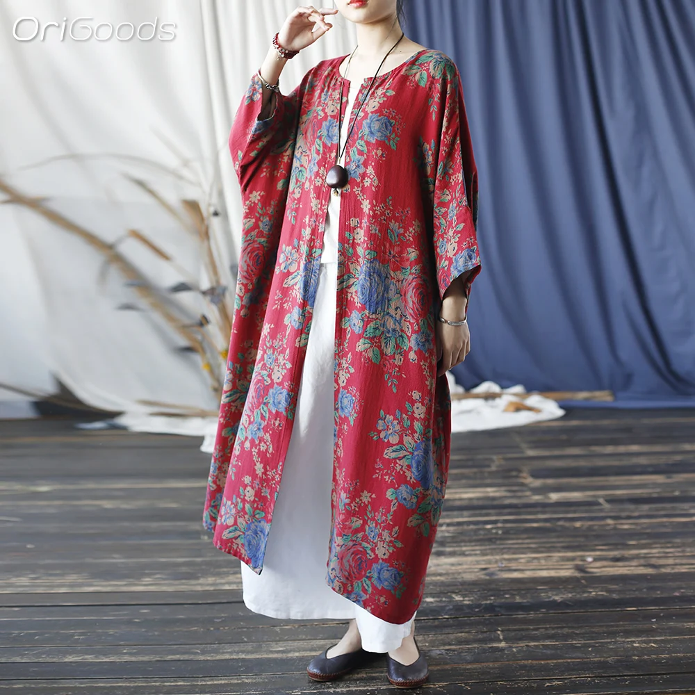 OriGoods Oversized Long Kimono Shirt Women Chinese Traditional Style Flower Print Red Shirt Loose Long Tops 2024 New X013