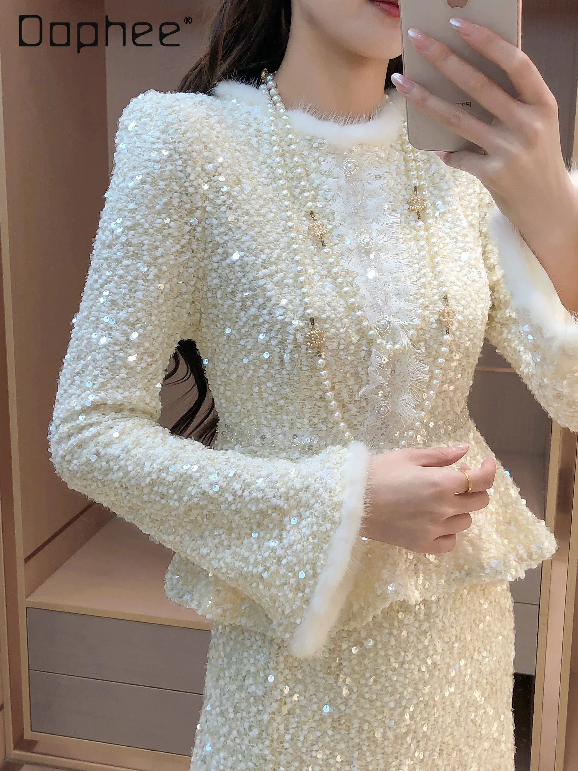 French Celebrity Temperament Plush Round Neck Beaded Sequins Slim Long-sleeved Top High Waist Slim Skirt Two-piece Set Women