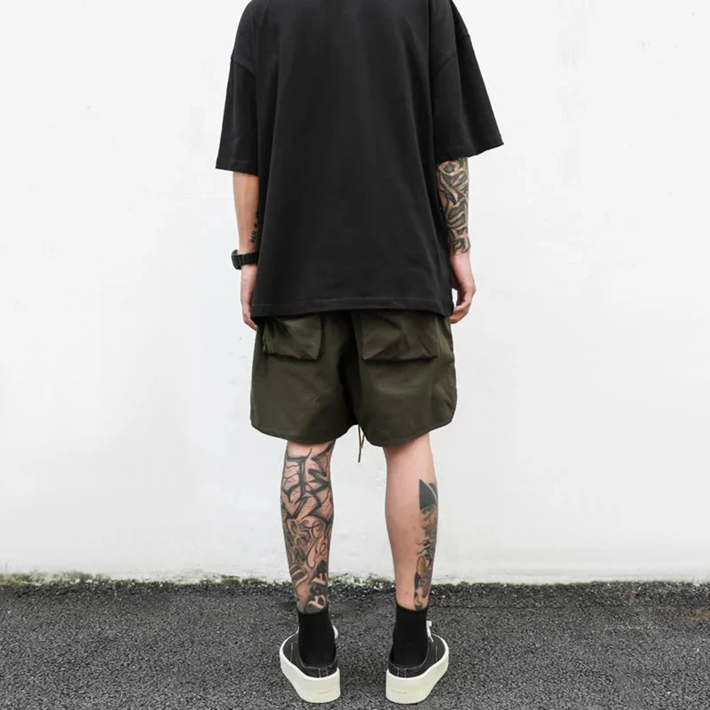 Mens Clothing 2024 Summer New Fashion Street Retro Army Green Drawstring Functional Pocket Loose Casual Cargo Shorts for Men