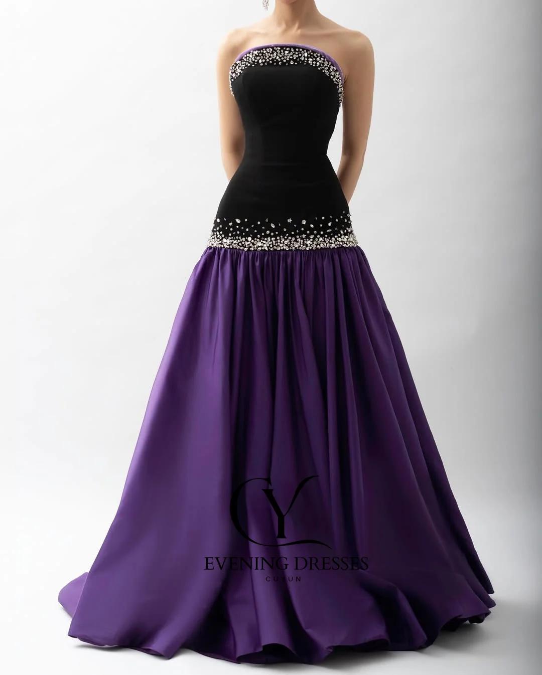CUYUN Zwart en paars formele avondjurk met kralen op maat gemaakte A-lijn strapless lange galajurken patchwork feestjurken