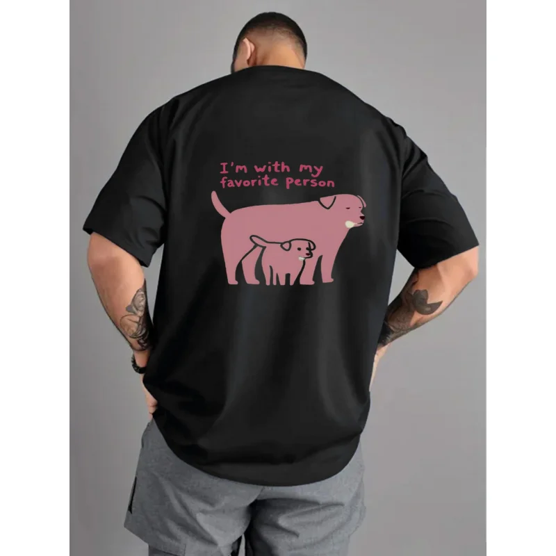 

Mens T-Shirt Black I'm With My Favorite Person Dog And Puppy Print High Quality Cotton 180g Plus Casual Wear For Daily Outings A