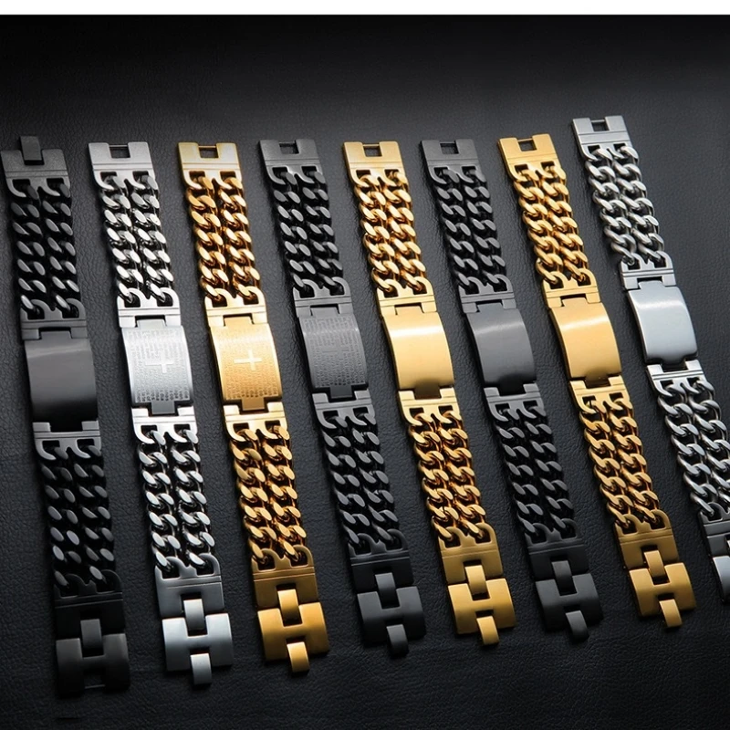 HNSP 24MM Width 316L Stainless Steel Cuban Chain Cross Bracelet For Men Jewelry Male Hand Chain Wrap Bracelets Accessory