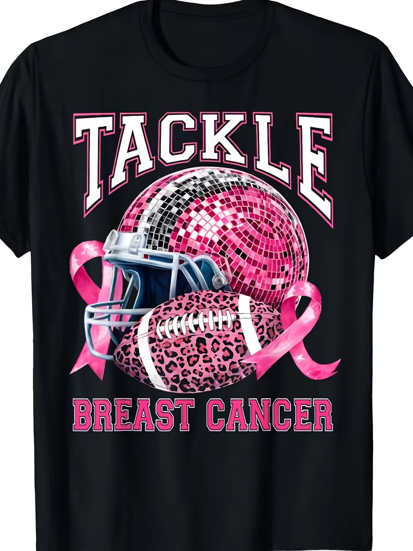 Fight Breast Cancer Football Helmet Disco Ball Pink Ribbon T-Shirt, Same for Men and Women 2025 Summer Short Sleeve Printed T-Shirt Pure Cotton 220g