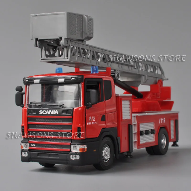 Brinquedo modelo do veículo do motor de incêndio Diecast, réplica diminuta do caminhão da escada, som e luz, T420, escala 1:43