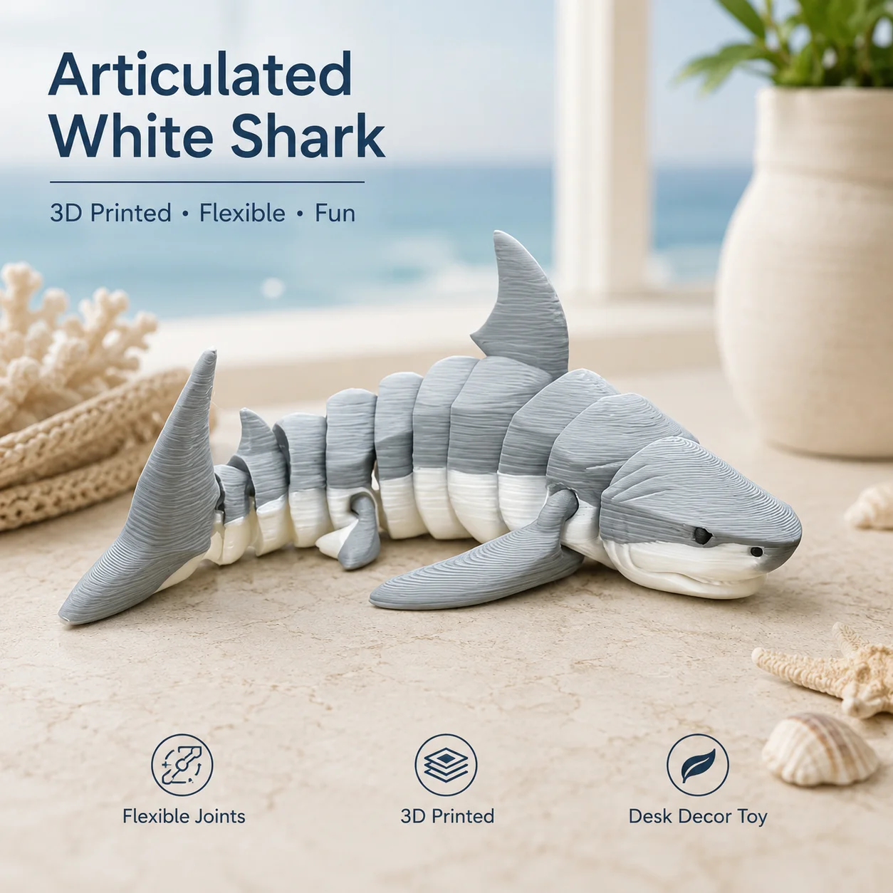 3D Printed Articulated Great White Shark 15cm Flexible Fidget Toy Sensory Anti Stress Animal Model Office Desk Decoration