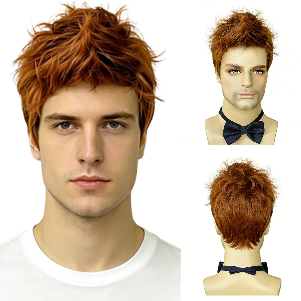 Mens Short Curly Wig Orange Brown Ginger Fluffy Messy Spiky Heat Resistant Synthetic Hair For Men Daily Party Cosplay Halloween