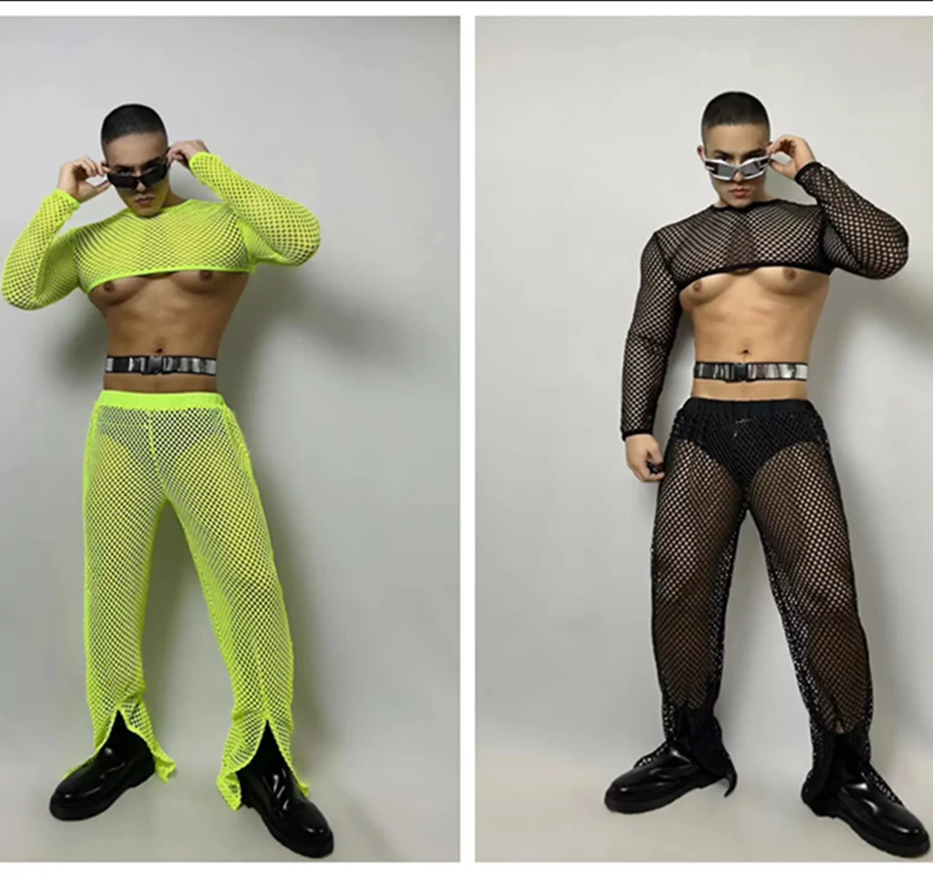 

Sexy Fluorescent Green Hollow Out Mesh Plaid Set Bar Rave Outfit Gogo Singer Dancer Stage Wear Nightclub Performance Costume