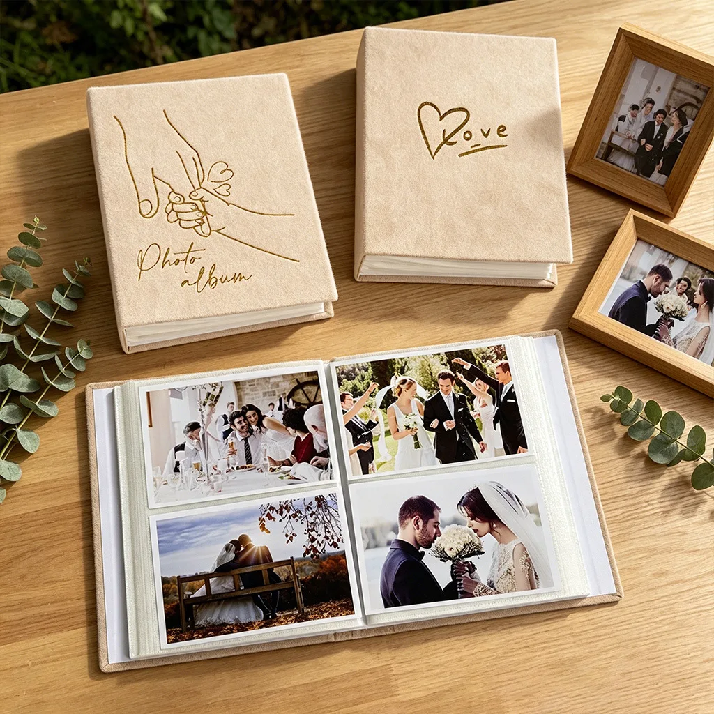 Velvet Cover Photo Album with Holding Hands Heart & Flying Birds Pattern, 200 Pockets for 6-inch Photos, Perfect for Travel