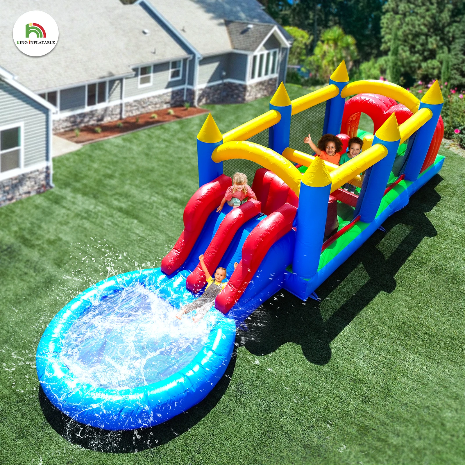 Piscina di palline gonfiabile per acqua macaron al 100% in PVC per bambini Attrezzatura per giochi d'acqua per palestra nella giungla con ventilatore d'aria da 1100 W