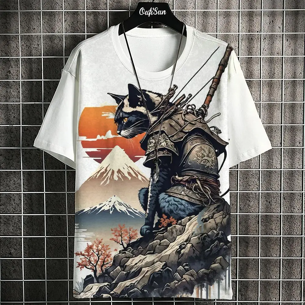 Camiseta de gato samurái para mujer y hombre, camisetas japonesas de manga corta de verano a la moda, sudadera informal de gran tamaño, ropa para adultos, tops