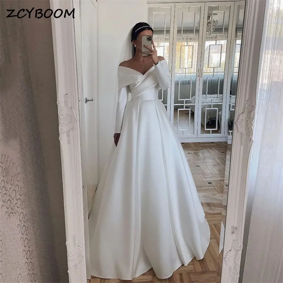 Lindo vestido de casamento completo mangas barco pescoço, vestido fora do ombro, A-line cetim, vestidos de noiva simples, branco, marfim, 2024