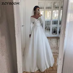 Gorgeous Full Sleeves White/Ivory Boat Neck Off Shoulder Wedding Dress 2024 A-line Satin Simple Bridal Gowns Vestido De Noiva