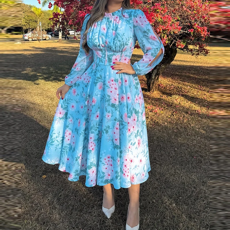 Vestido largo plisado con estampado Floral azul, novedad de