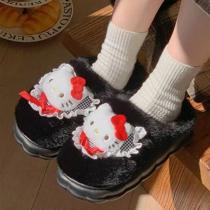

Детские тапочки, домашняя обувь, хлопковая зимняя обувь Hello Kitty для девочек, теплая нескользящая теплая черная обувь цвета хаки, размер 36-41