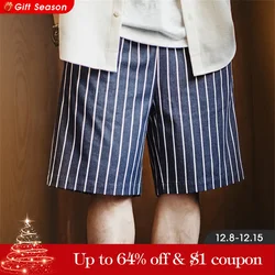 Maden Retro 6oz Denim Vertical Stripe Chef Shorts Jeans with Blended Straight Elastic Waist Casual Short Pants for Men's Summer