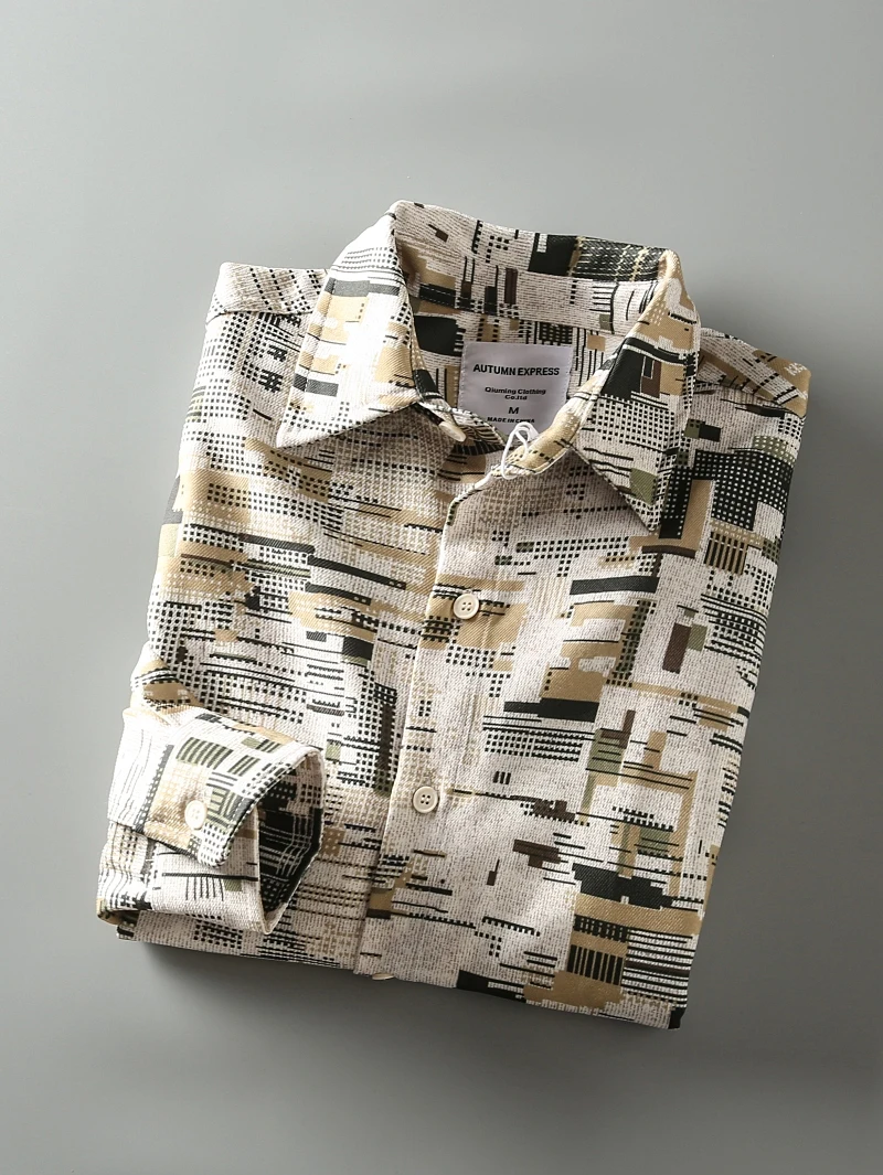

Retro Geometric Print Long Sve Casual irt Men's High Street Faionable Collared Spring Autumn New Sle Vintage irt