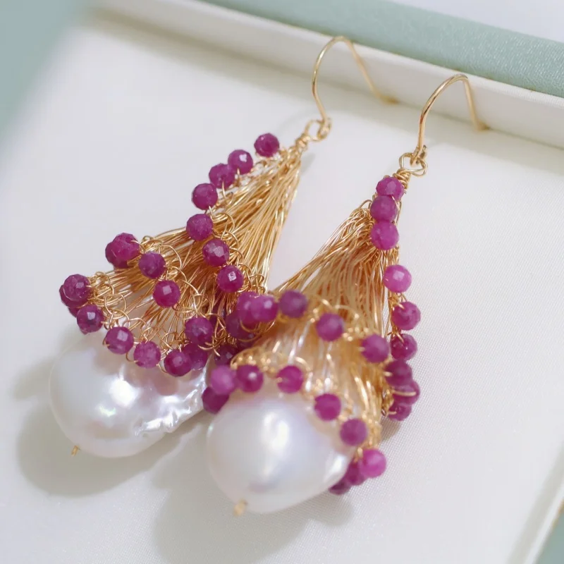 

SGARIT Original Design Pearl Jewelry 14k Filled Gold Handmade Baroque Drop Earrings with Natural Ruby Jewellery For Party